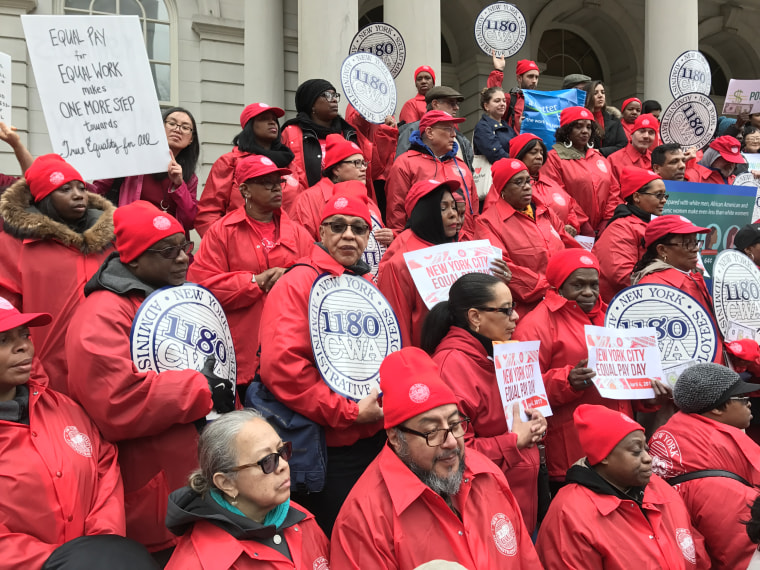 CWA Local 1180 members rally at NYC City Hall for Equal Pay Day