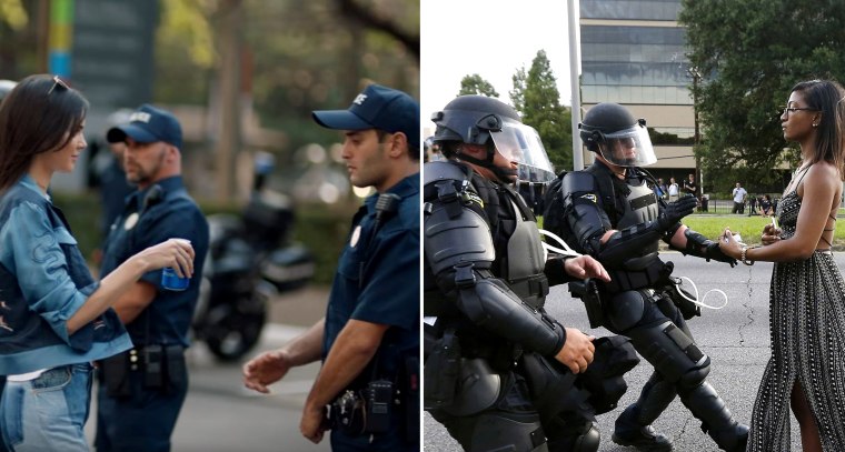Image: Kendall Jenner in the new Pepsi ad (L) and Ieshia Evans during the Baton Rouge Protest (R)