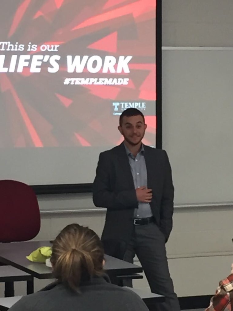 Captain Shachar, a member of the Israeli Defense Forces, speaking to a group of students at Temple University in Philadelphia