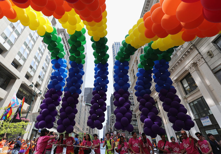 A view of rainbow balloons during the NYC Pride March on June 26, 2016