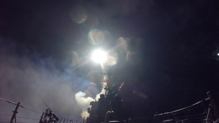 A U.S. destroyer fires a tomahawk land attack missile from the Mediterranean Sea on Friday, April 7, 2017 local time.