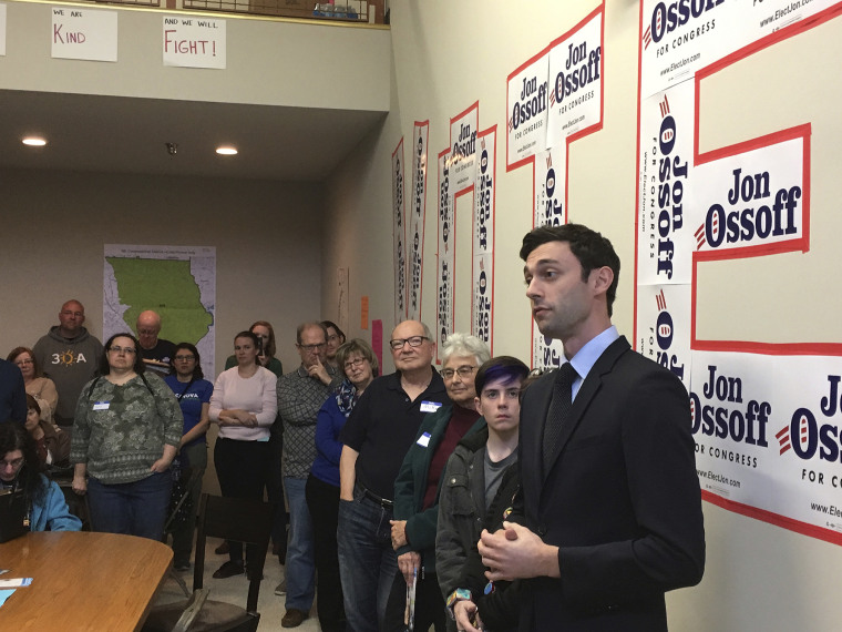 Image: Georgia Democratic congressional candidate Jon Ossoff speaks to volunteers in his Cobb County campaign office on March 11, 2017.