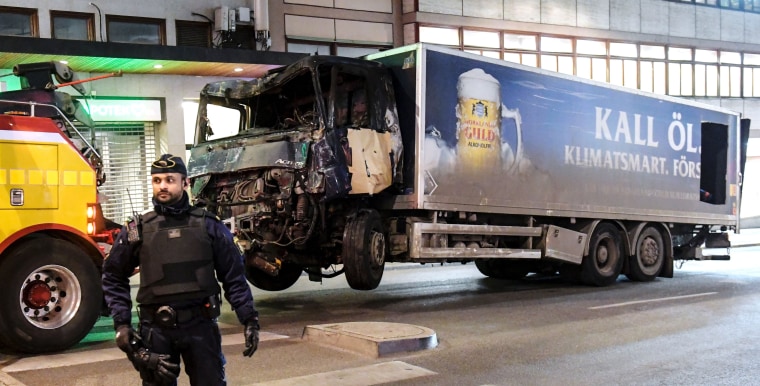 Image: A truck that crashed into the Ahlens department store in central Stockholm