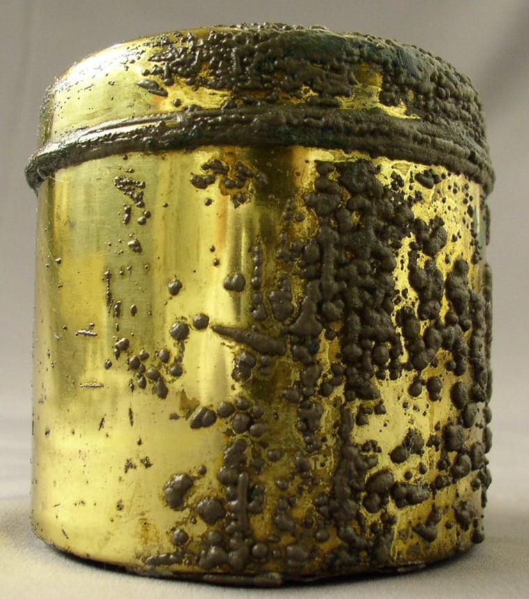 This brass shaving stick canister, which still contains its original shaving soap inside, is among the other Titanic items on display in Las Vegas.
