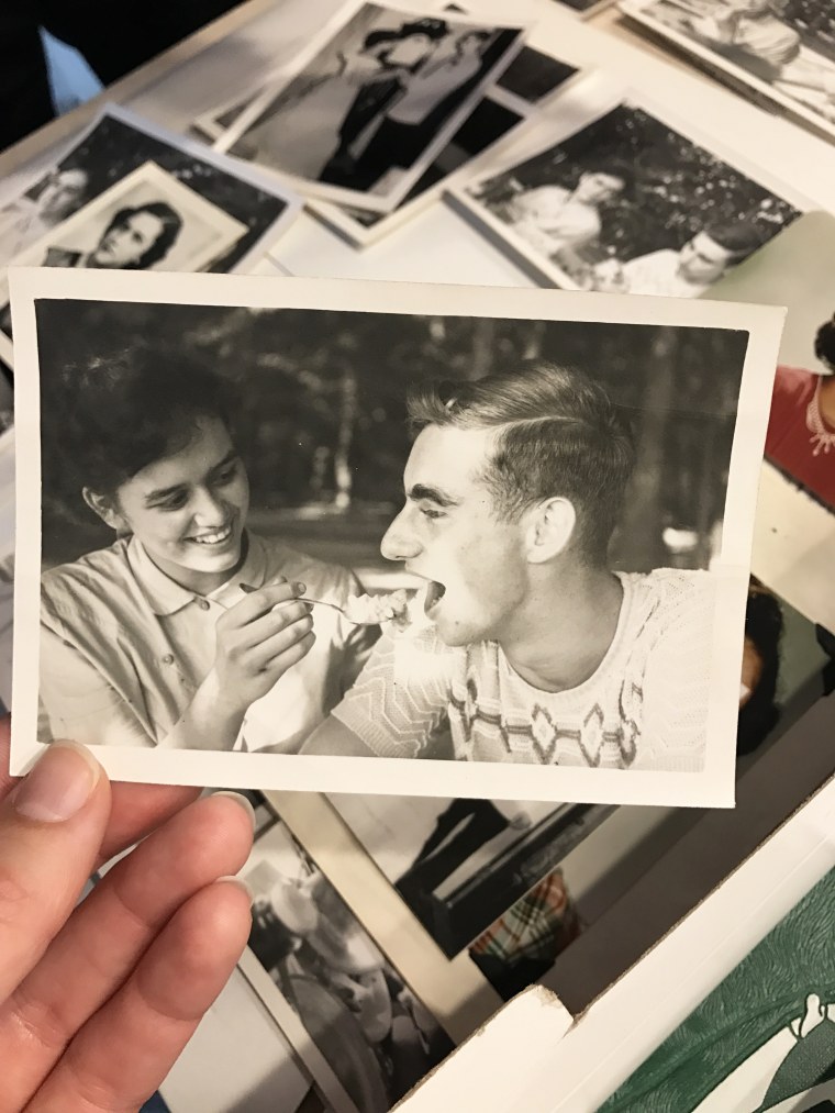 High school sweethearts Joyce Kevorkian and Jim Bowman enjoying a picnic together in 1953. The pair reconnected 64 years later and tied the knot.