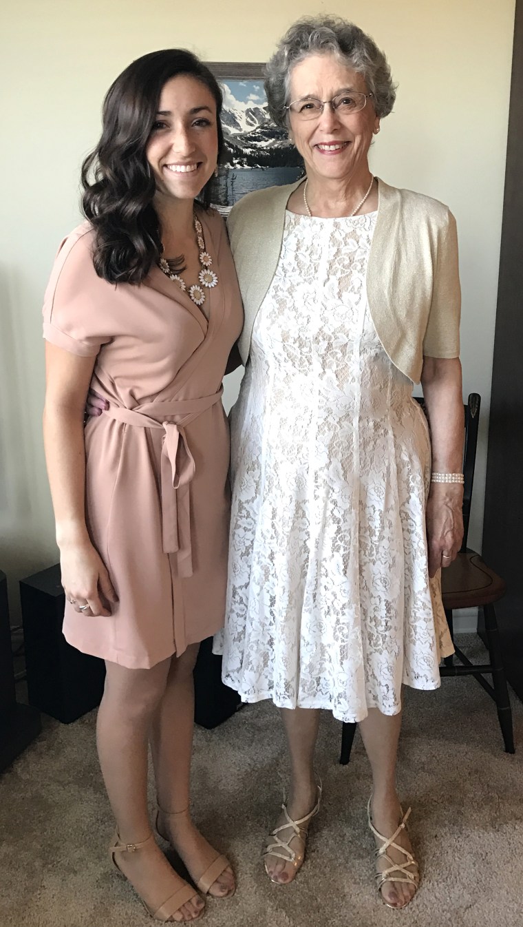 Joyce Kevorkian, 81, and her granddaughter and maid of honor, Anna Harris, 21, at her wedding on April Fools' Day in Indiana.