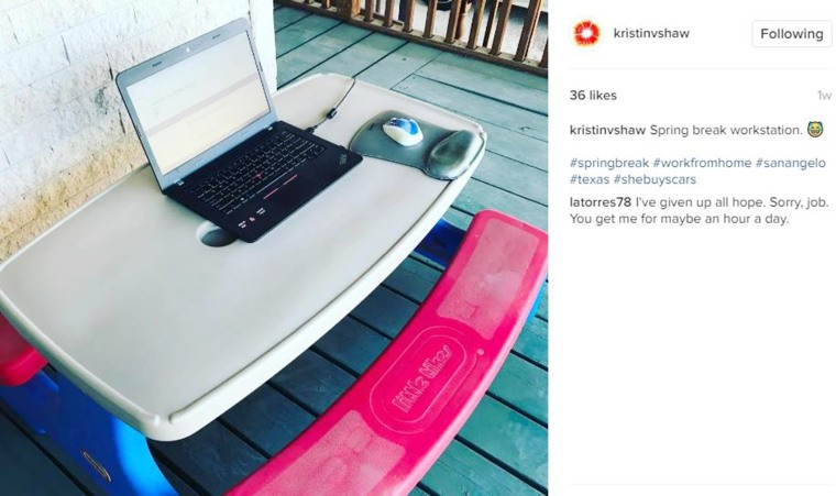"There are no true vacations," said Kristin Shaw, who owns her own communications firm and found herself working from a plastic picnic table at her in-laws' house while on spring break with her son this past year.