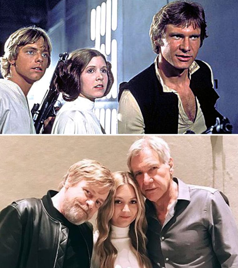 Billie Lourd poses with her mother Carrie Fisher's "Star Wars" co-stars, Mark Hamill and Harrison Ford.