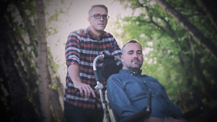 Patrick Gray (left) pushed his best friend, Justin Skeesuck, across Spain to help Skeesuck achieve his dream of making the challenging trek. 