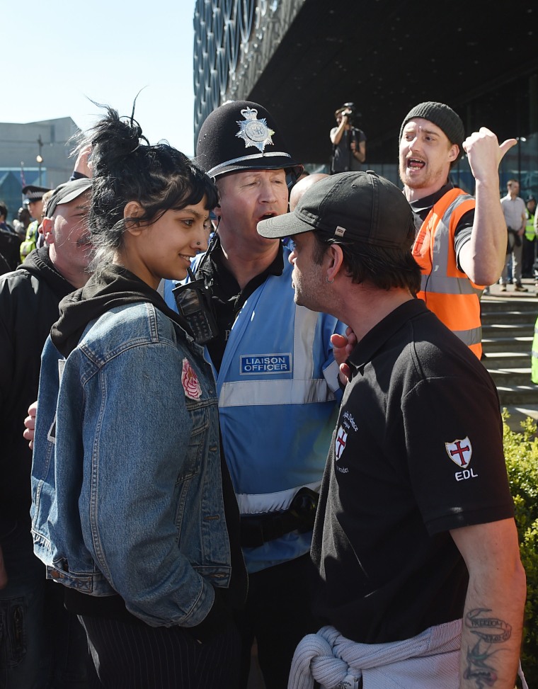 Image: Saffiyah Khan staring down an English Defence League protester during a demonstration in Birmingham