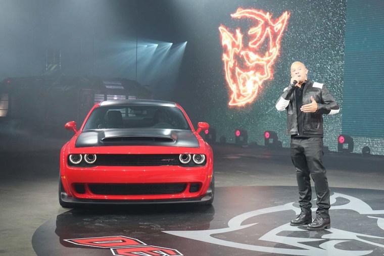 Brand ambassador Vin Diesel at the New York auto show debut of the Dodge Demon. Diesel drives the Demon in the latest installment of the "Fast and Furious" series.
