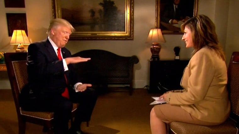 Image: Trump gestures during his interview with Fox Business Network's Maria Bartiromo to illustrate the size of the "beautiful chocolate cake"