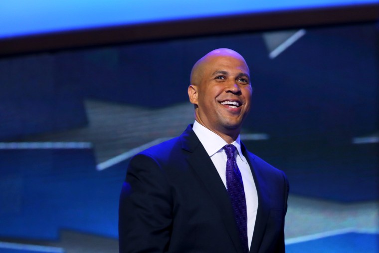 Image: Newark Mayor Cory Booker takes the stage to speak during day one of the Democratic National Convention at Time Warner Cable Arena on Sept. 4, 2012 in Charlotte, North Carolina.