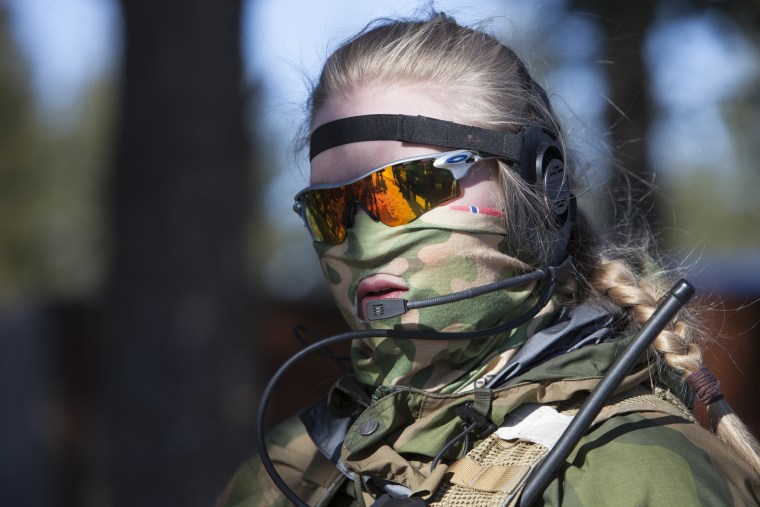 Image: One of the world's first all-female military special forces unit, the Jegertroppen or \"hunter troops\", at the Terningmoen Camp in Elverum, Norway.