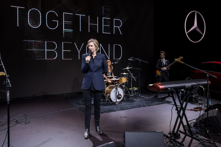 Actress Jane Lynch speaking at the Mercedes Benz party at the New York International Auto Show on April 13, 2017
