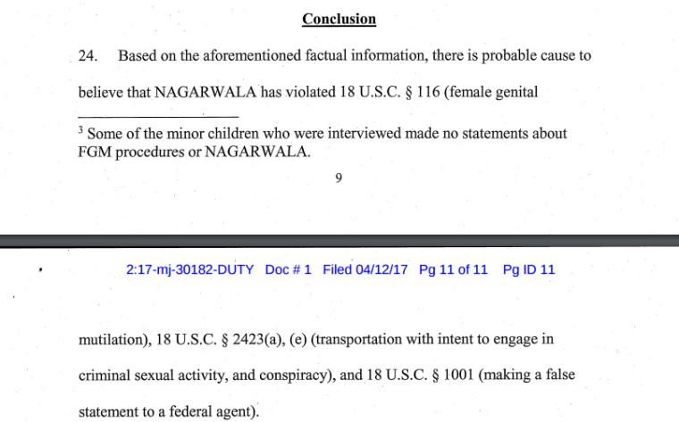 An excerpt of court documents detailing the charges against Jumana Nagarwala.