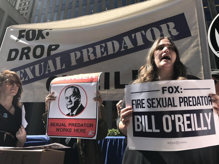 Protesters call for Fox News to fire host Bill O'Reilly at the network's NYC headquarters