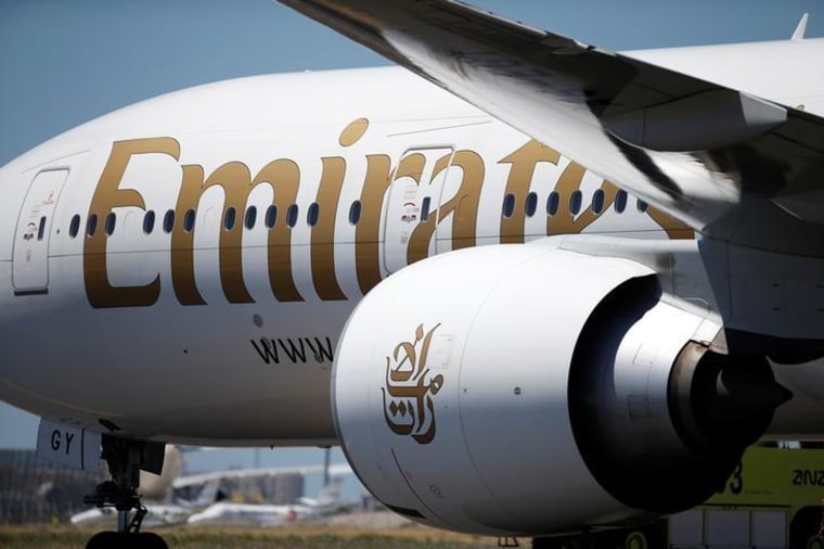 An Emirates plane is seen at Lisbon's airport