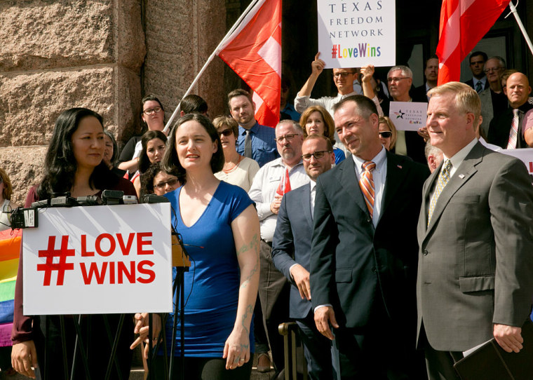 (L-R) Texas marriage plaintiffs Cleo DeLeon, Nicole Dimetman, Vic Holmes and Mark Phariss during a Human Rights Campaign press conference at Texas Capitol on June 29, 2015.