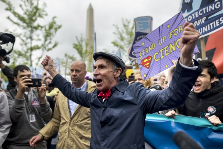 Image: Science educator Bill Nye, popularly known as 'Bill Nye the Science Guy', announces the start of the March for Science, which saw tens of thousand of protesters walking along Constitution Avenue, in Washington, DC.