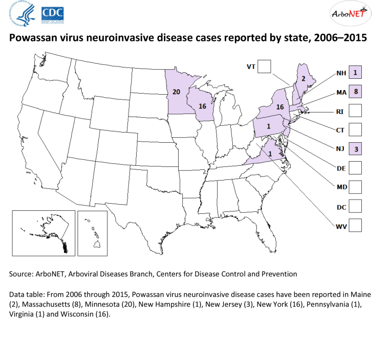 Where the Powassan virus is found in the U.S.