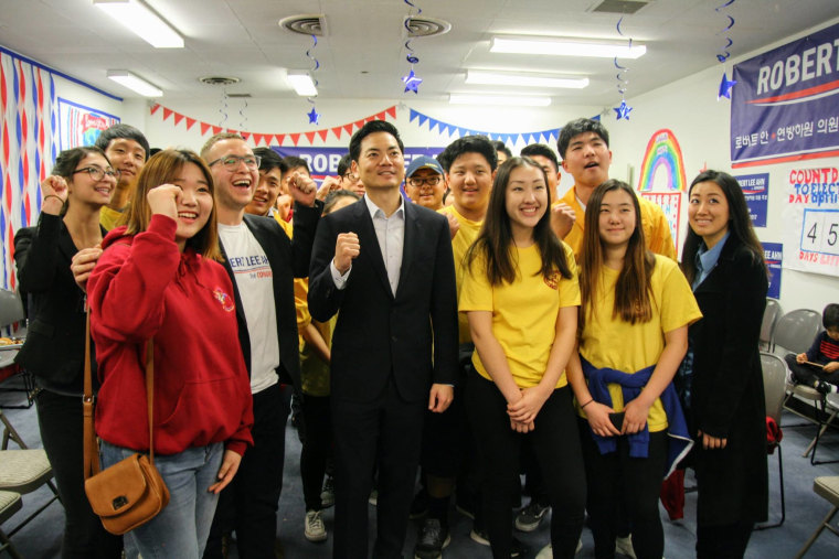 Robert Lee Ahn, a candidate for California's 34th Congressional District, with his supporters