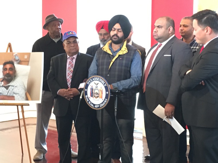 New York City Sikh taxi driver Harkirat Singh, 24, addresses reporters at a news conference in Queens Monday. On April 16, a passenger allegedly removed Singh's turban and fled in a case that is being investigated as a hate crime.