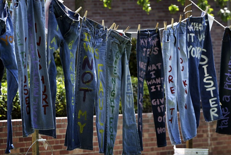 Image: Blue jeans with messages challenging misconceptions about sexual violence