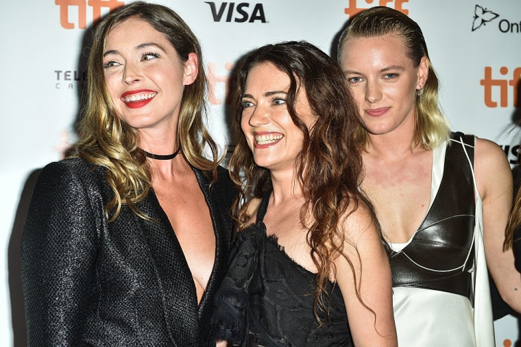 (L-R) Actress Natalie Krill, director April Mullen and actress Erika Linder attend the "Below Her Mouth" premiere during Toronto International Film Festival on September 10, 2016.