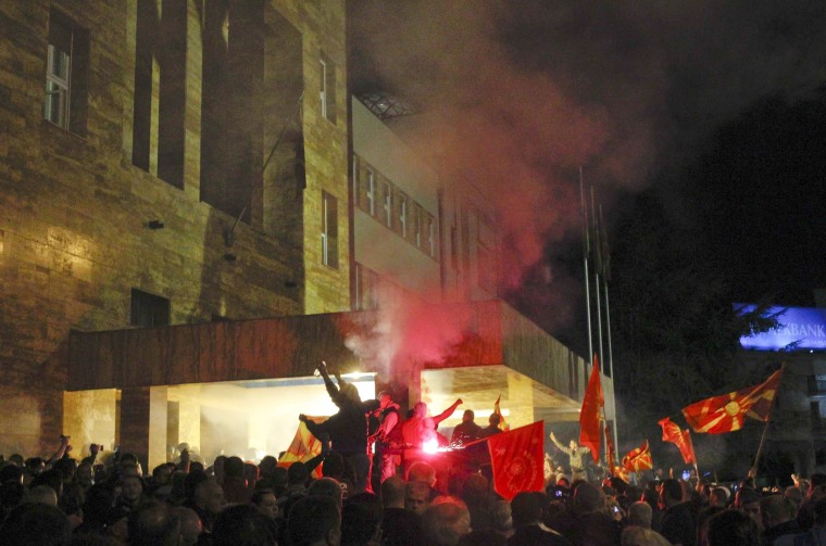 Image: Demonstrators storm into Macedonia's parliament in Skopje
