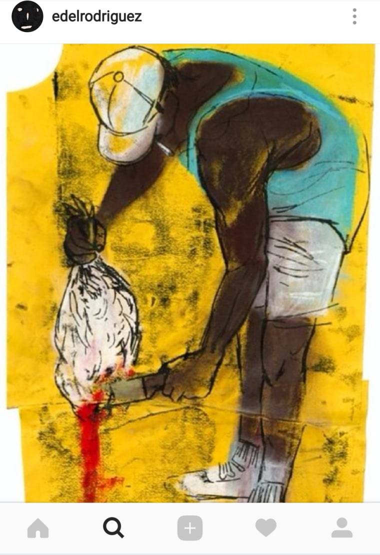 Image: Artwork by Edel Rodriguez: Chicken, Cuba, 1999, pastel on paper.