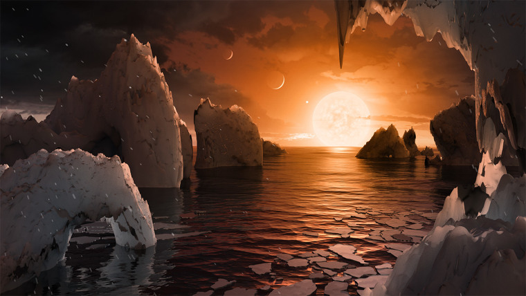 This artist's concept is one interpretation of what it could look like to be standing on the surface of the exoplanet TRAPPIST-1f.