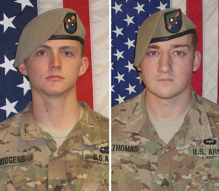 Sgt. Joshua P. Rodgers, left, and Sgt. Cameron H. Thomas were killed while conducting combat operations in Nangarhar Province, Afghanistan.
