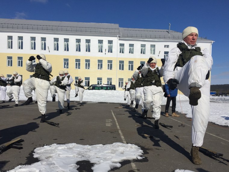 Soldiers of Russia's 80th Motor Rifle Arctic Brigade of Russia's Northern Fleet practice during military exercises in Alakurtti, Russia.