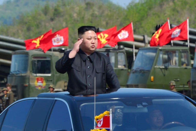 Image: North Korea's leader Kim Jong Un watches a military drill marking the 85th anniversary of the establishment of the Korean People's Army