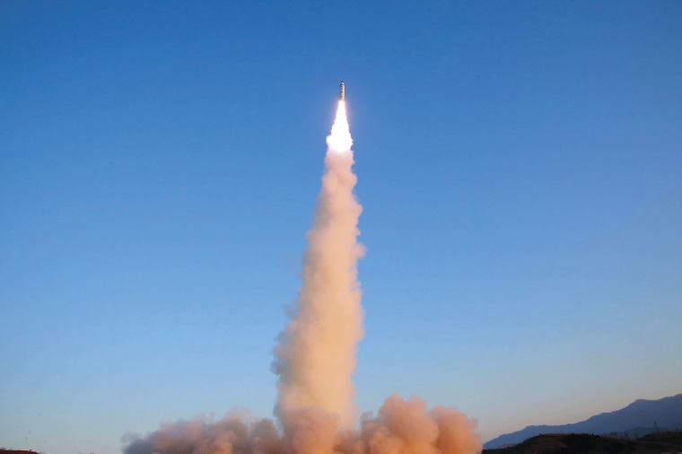 A Pukguksong-2 missile is launched at an undisclosed location in North Korea on Feb. 12.
