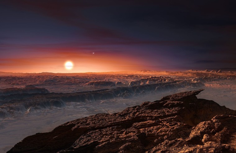 Artist's impression of exoplanet Proxima b orbiting the red dwarf star Proxima Centauri, the closest star to the solar system.