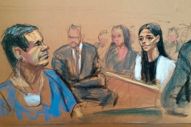 A sketch shows El Chapo Guzman and his wife in court in Brooklyn on May 5, 2017.