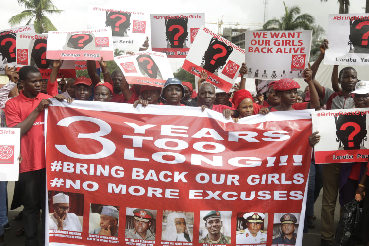 Bring back our girls campaigners call on the government to rescue the remaining kidnapped schoolgirls who were abducted almost three years ago, in Lagos, Nigeria Thursday, April. 13, 2017.