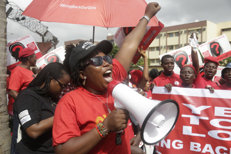 Bring back our girls campaigners chant slogans during a protest calling on the government to rescue the remaining kidnapped girls of the government secondary school who were abducted almost three years ago, in Lagos, Nigeria Thursday, April. 13, 2017.