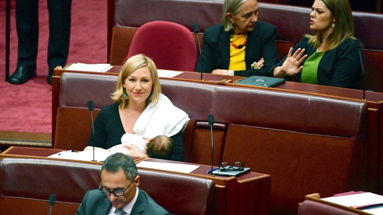 Australian Senator Larissa Waters breastfeeds