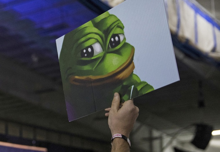 Image: An attendee holds up a sign of Pepe the Frog, a cartoon tied to anti-Semitism and racism that has become an unofficial mascot of the alt-right, during a campaign event with Donald Trump at a sports complex in Bedford, N.H.