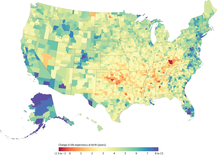 Image: Change in Life Expectancy at Birth by County, 1980 to 2014