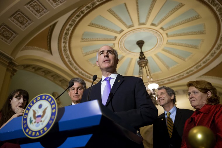 Image: Sen. Bob Casey (D-Pa.) speaks after a weekly policy luncheon, on Capitol Hill in Washington.