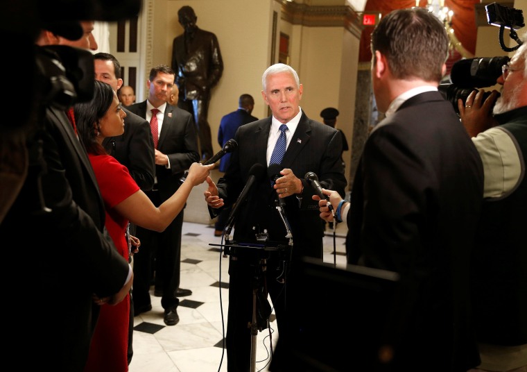 Image: U.S. Vice President Mike Pence speaks to reporters at the U.S. Capitol in Washington
