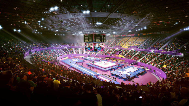 Image: Los Angeles' Olympic bid committee rendering shows how gymnastics at the Forum would look like after receiving an Olympics-style makeover