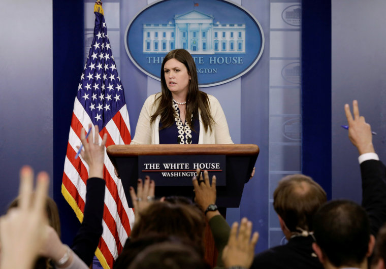 Image: White House spokesperson Sarah Sanders holds a press briefing in Washington