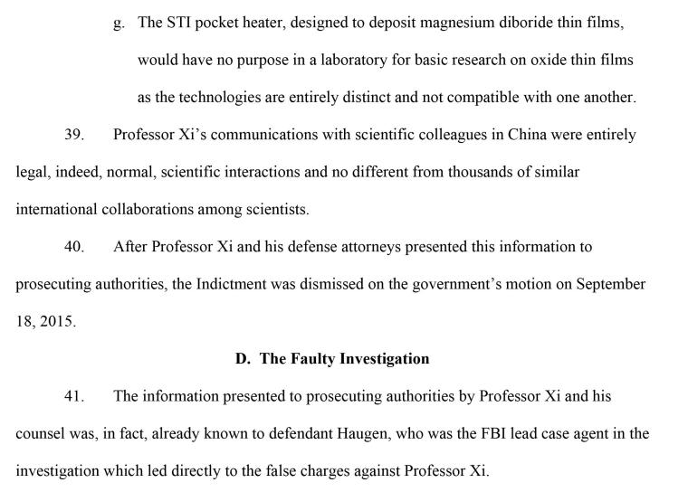 An excerpt of a lawsuit by Xiaoxing Xi alleging that an FBI special agent falsely informed federal prosecutors that Xi was a "technological spy for China."