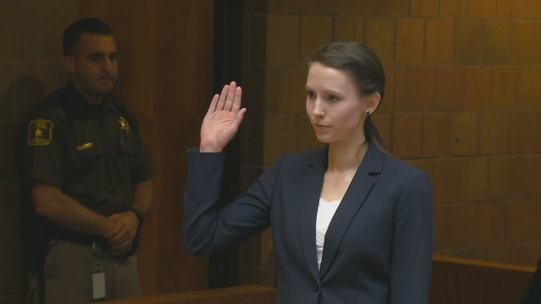 Rachael Denhollander testifies at a preliminary hearing for disgraced gymnastics doctor Larry Nassar on May 12, 2017.