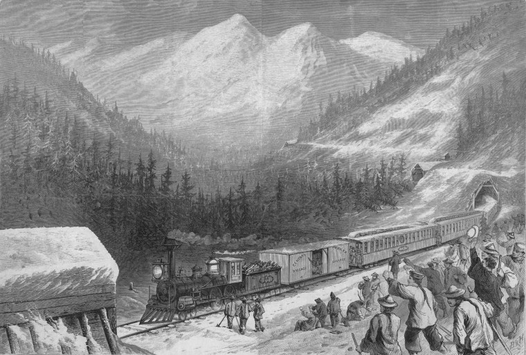 An illustration of Chinese railroad workers during the construction of the transcontinental railroad.